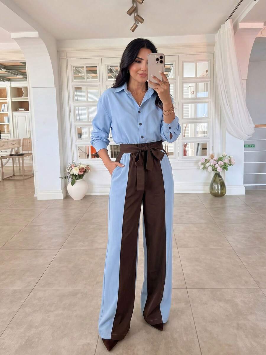 女款秋冬優雅通勤兩件套，襯衫領長袖上衣搭配藍棕色腰帶對比寬腿褲，適合春夏/秋季假期、新年商務派對、十月節/亡靈節休閒穿搭