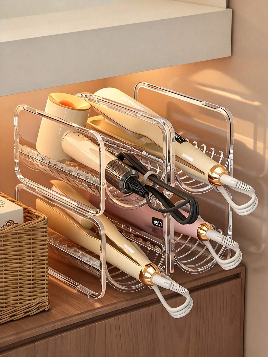 1pc Hair Curling Wand Storage Rack, Hair Dryer Storage Box, Egg Roll Wand Organizer Box, Item Storage Stand, Straight Hair Comb Organizer Stand, Straight Hair Clamp Holder, Stand, Stackable Design, Tabletop Style, Transparent Acrylic - Clear - View 1
