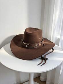 Unisex Retro Western Cowboy Hat, Wide Brim Felt Hat With Bull Head Decor, Halloween Xmas Party Costume, Rodeo & Holiday Event Hat - Multicolor - View 5