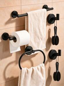 Punch-Free Installation Is More Secure Stainless Steel Towel Rail Bathroom Towel Rack Tissue Holder Punch-Free Hook Multi-Functional Storage Rod 1 Piece - Black - View 10