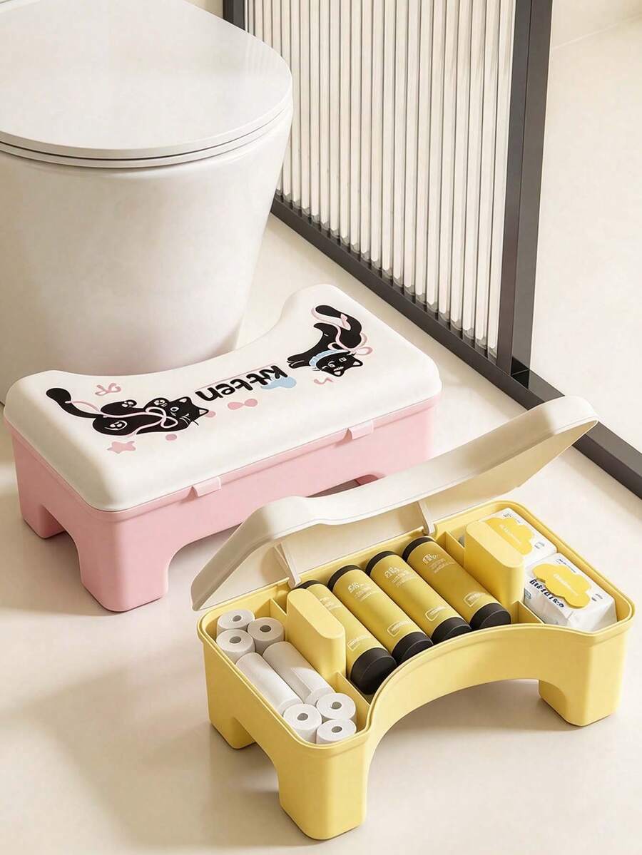 1pc Cute Thickened U-Shaped Squatting Stool, Flip-Top Compartment Storage Box, Multi-Functional Organizer, Toilet Squatting Stool, Bathroom Storage Box, Suitable For Home Bathroom Daily Use, All-Season, Christmas Room Decor - Multicolor - View 1