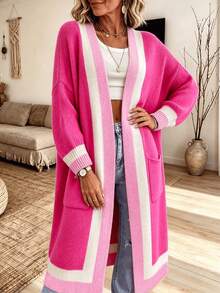 Plus Size Women's Striped Long Sleeve Pocket Design Casual Hooded Knit Cardigan - Hot Pink - View 5