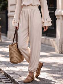 Fall Vintage Cream High Waisted Jogger Pants For Women, Elastic Waist Loose Flowy Lantern Trousers, Versatile Work Party Casual Pants - Apricot - View 2