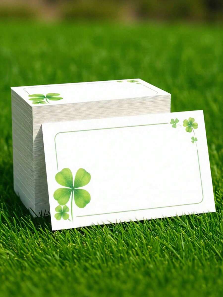100pcs Lucky Four Leaf Clover Corner Print Blank Greeting Cards, Watercolor Shamrock Design Writeable Paper Cards, Thin Green Border Blank Cards For Handwritten Messages & Gift Favors - View 1