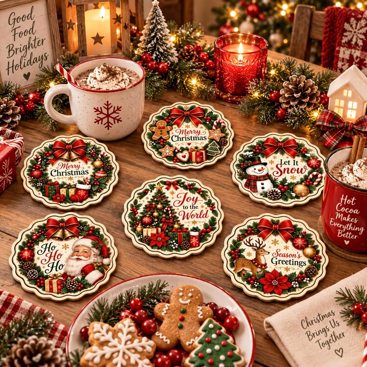 6pcs Christmas Vintage Lace Wreath Coasters Set, Santa Claus Snowman Gingerbread Man Wooden Non-Slip Heat-Resistant Coasters, Christmas Atmosphere Desktop Decor, Desktop Heat-Resistant Mat, Holiday Small Gift - Wooden Coaster LDX2981 - View 4
