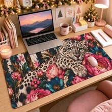 1pc Leopard Peony Floral Mouse Pad, Vintage Snow Leopard Pink Flower Stripe Pattern Extended Desk Mat For Home Office And Gaming, Sizes S/M/L/XL - View 3