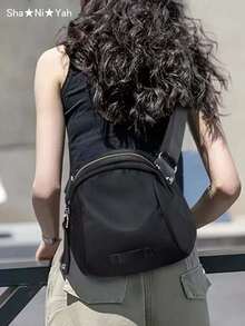 Black Minimalist Round Crossbody Bag, Durable, Suitable For Daily Commute, Women's Nylon Crossbody Bag, Waterproof Shoulder Bag, Multi-Zipper Messenger Bag - Black - View 2