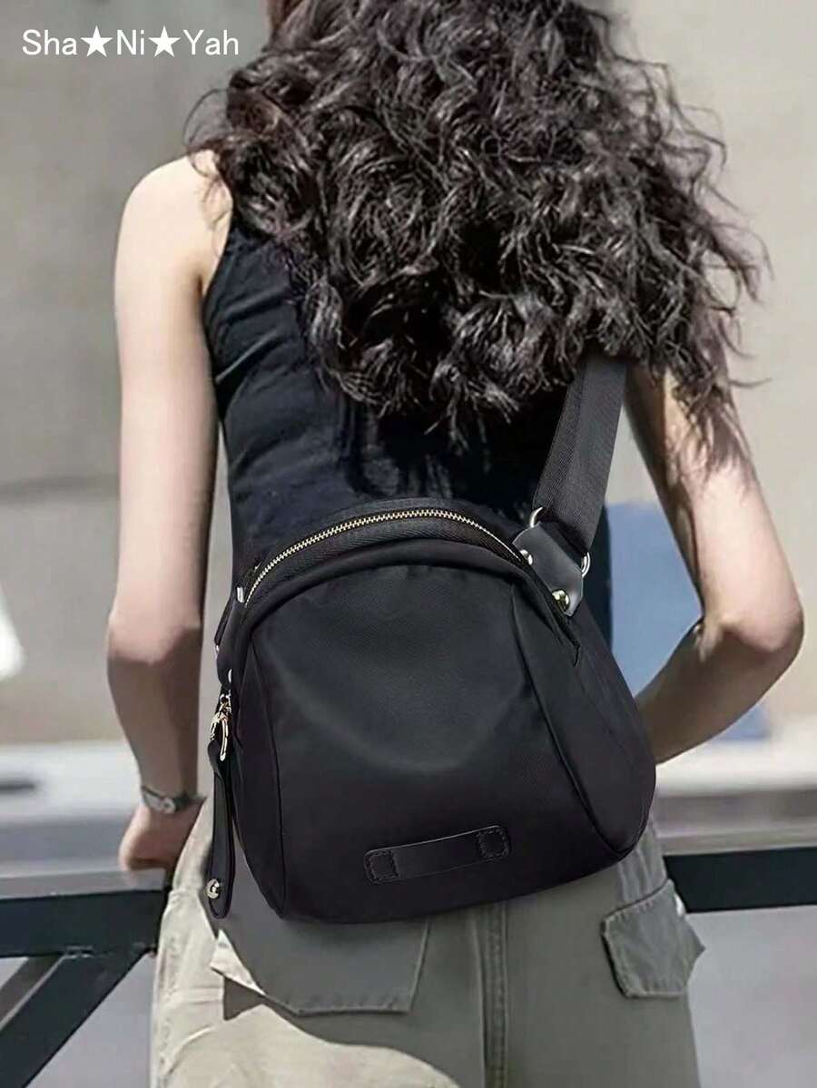 Black Minimalist Round Crossbody Bag, Durable, Suitable For Daily Commute, Women's Nylon Crossbody Bag, Waterproof Shoulder Bag, Multi-Zipper Messenger Bag