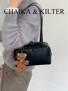 CHAIKA & KILTER 1件裝純色PU布料女款復古時尚啞光單肩保齡球包，對比色絎縫拼接，雙手柄設計，拉鍊開合，適合日常與旅行使用 - 黑色 - 查看 9