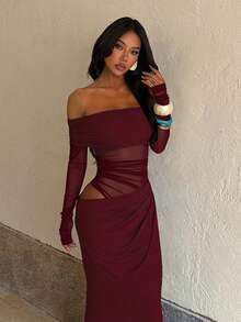 Fall And Winter, Elegant Dress, Draped See-Through Patchwork Party Dress, Back To School Dance, Halloween, Suitable For Weddings, Birthdays - Burgundy - View 2