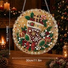 2D Flat Acrylic,1Pc Pearl Diamond Painting,Christmas Stocking Round Hanging Ornament,Candy Cane Gift Box Bow Pattern,Suitable For Front Door,Window,Wall,Home Xmas Decor,Christmas Gift - View 2