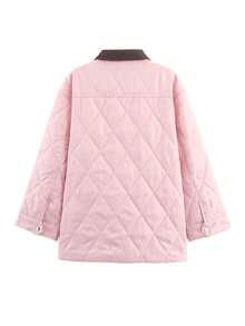 Autumn/Winter New Korean Style Youthful Pink Padded Coat, Diamond Quilted Design, Contrast Color Corduroy Collar, Single-Breasted Loose Fit, Solid Color Quilted Patchwork Collar, Front Button, Office Commute Versatile College Style Padded Coat - Pink - View 7