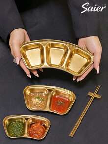 Ins Style Luxury Tableware Creative Gold Fan-Shaped Stainless Steel Dipping Dish Divided Seasoning Plate Stackable Easy Storage Easy Cleaning Party Platter Appetizer Dish Sauce Bowl Party Gathering Snack Plate - Multicolor - View 1