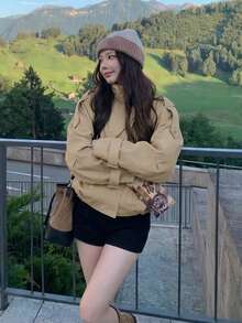 Áo khoác trench ngắn hai hàng cúc màu kaki cho nữ, phong cách mùa thu - Màu Khaki - Xem 8