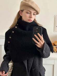Stylish High-Neck Knitted Wrap Shawl Featuring An Asymmetrical Cut And Side Button Detailing; Warm, Comfortable, And Versatile For Stylish Layering Across All Seasons. - Multicolor - View 17