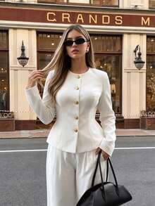 Women White Collarless Gold Button Blazer Round Neck Padded Shoulder Fitted Waist Slim Office Work Jacket - Beige - View 1