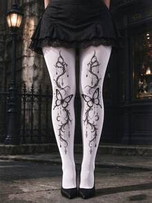 1 Pair Retro White Tights, Butterfly Vine Print Pantyhose For Women - White - View 6