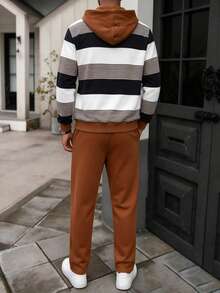 Men's Autumn/Winter Fashion Versatile Colorblock Horizontal Striped Print Hoodie & Sweatpants Set - Multicolor - View 2