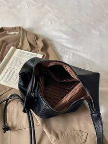 Casual Black Large Capacity Lychee Grain Tote Bag, Shoulder Crossbody Underarm Bag - Black - View 9