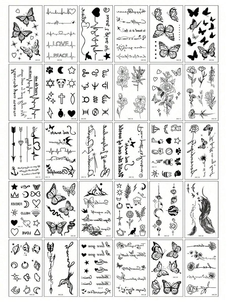 2 Sheets Black Butterfly Floral Word Small Pattern Tattoo Stickers Finger Wrist Body Small Parts Temporary Tattoo Stickers - Black - View 1