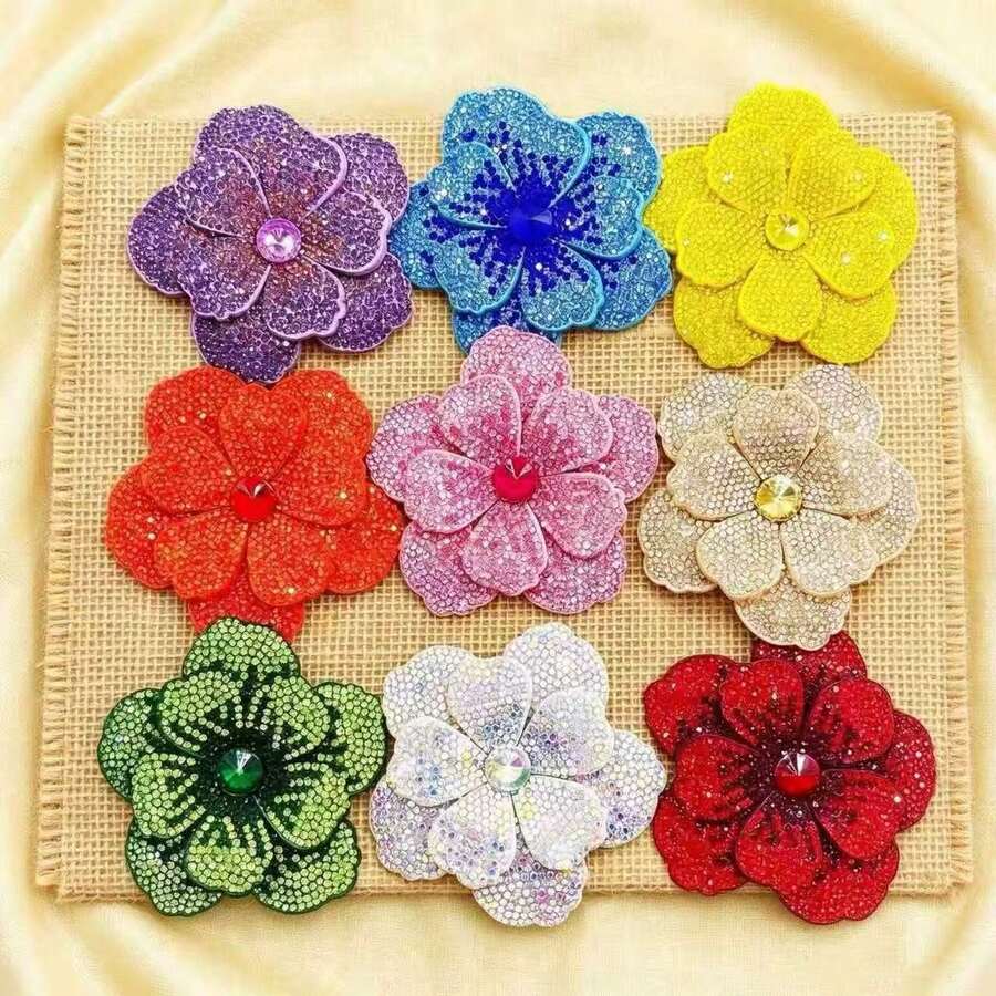 1pc Rhinestone Decorated Double Layer Five-Petal Flower Applique, Handmade DIY Accessory, Suitable For Decorating Shoes, Hats, Bags And Hair Accessories - Multiple Styles - View 1