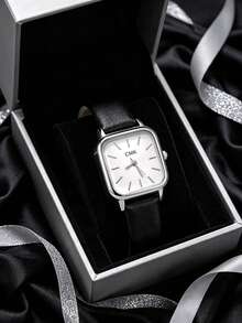 1PC Women's Silver Square Small Leather Watch, Black Leather Strap, Minimalist Retro Style, Quartz Movement, Simple Dial With Pure White Face, Classic Elegant Women's Wrist Accessory, Versatile For Commuting Outfits, Suitable For Graduation Gift, Exquisite Luxury Gift For Women - Black - View 1