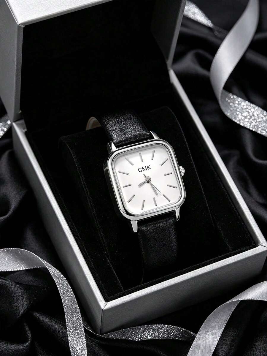 1PC Women's Silver Square Small Leather Watch, Black Leather Strap, Minimalist Retro Style, Quartz Movement, Simple Dial With Pure White Face, Classic Elegant Women's Wrist Accessory, Versatile For Commuting Outfits, Suitable For Graduation Gift, Exquisite Luxury Gift For Women - Black - View 1