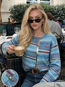 Aflion Women Fall Clothing Striped Cropped Knit Cardigan, Long Sleeve Frog Button Front Open Sweater For Thanksgiving Outfit - Multicolor - View 11