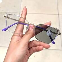 1件裝金屬貓眼雙色鑽飾感光變色眼鏡，室內外通用多功能時尚百搭女款眼鏡 - 紫色變色鏡片 - 查看 14