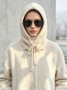 1pc Women's Solid Color Balaclava Couple Style Ear Protection Knitted Hat, Scarf Integrated Hooded Knit Knitted Cap - A - View 13