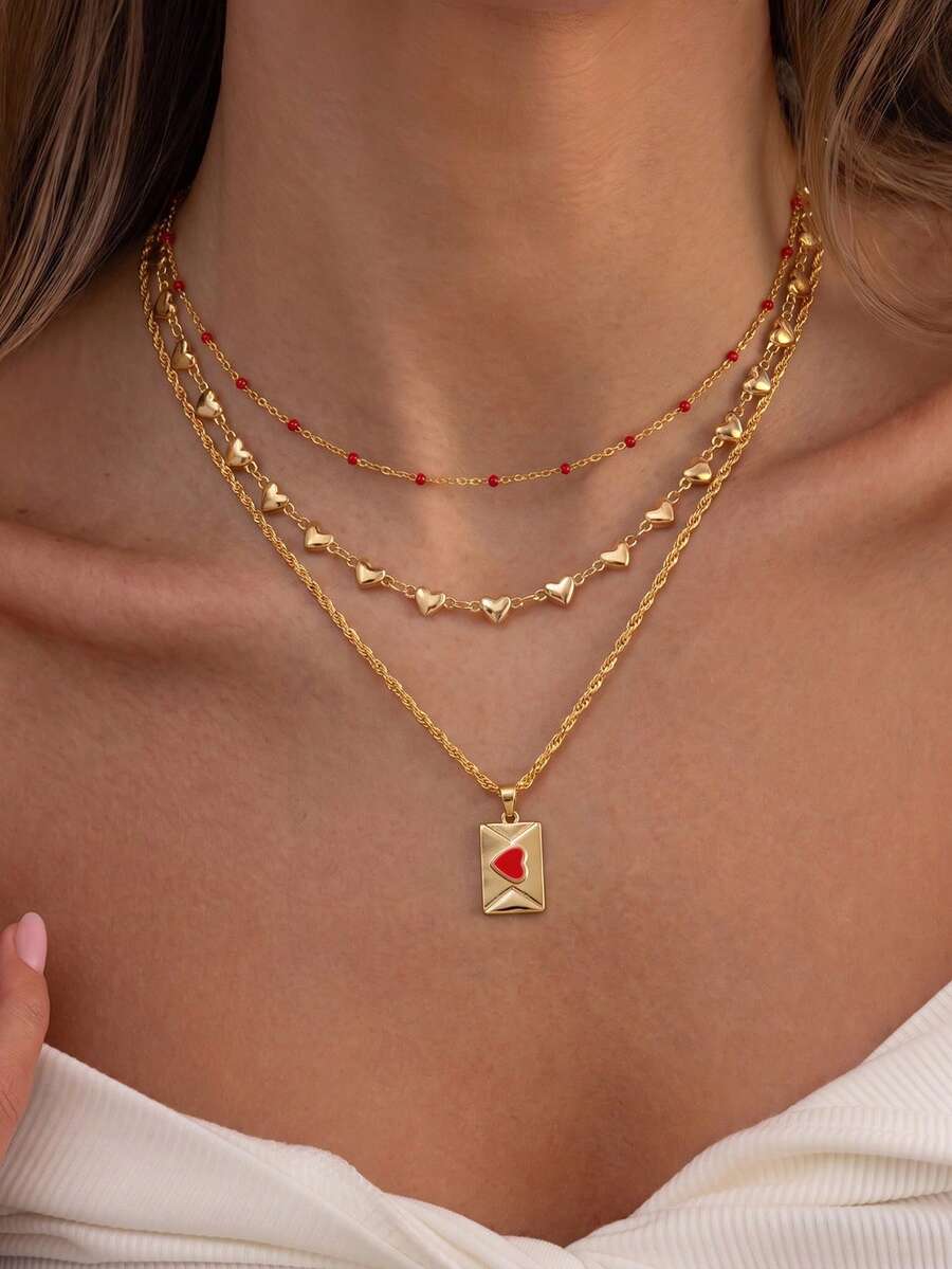 1 Set 3pcs Minimalist Exquisite Niche Design 3D Small Heart Patchwork Chain Envelope Pendant Necklace Set, Suitable For Women's Daily, Vacation And Party Wear - Gold - View 1