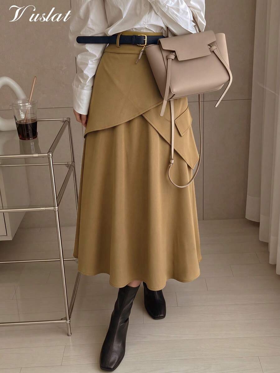 Vuslat Women's Winter Khaki Asymmetrical Layered High-Waisted Skirt (With Belt) For Commuting, Office, Parties, Countryside, And Shopping - Khaki - View 1
