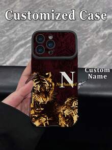1pc Customized Name & Initial Bold Atmosphere Burgundy Dark Pattern Rose Double Tiger Design Black Edge Four-Corner Anti-Drop Texture Phone Case Compatible With Apple 18ProMax/17ProMax/16Pro/15/14Plus/13Pro/12ProMax/11 Phone Accessories, Premium Phone Case - Multicolor - View 7