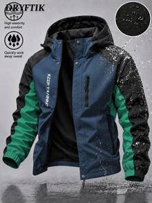 Men's Patchwork Hooded Zip-Up Jacket With Vertical Letter Print On Body, Vertical Zip Pocket On Chest, Jacket For Short Trips - Blue - View 1