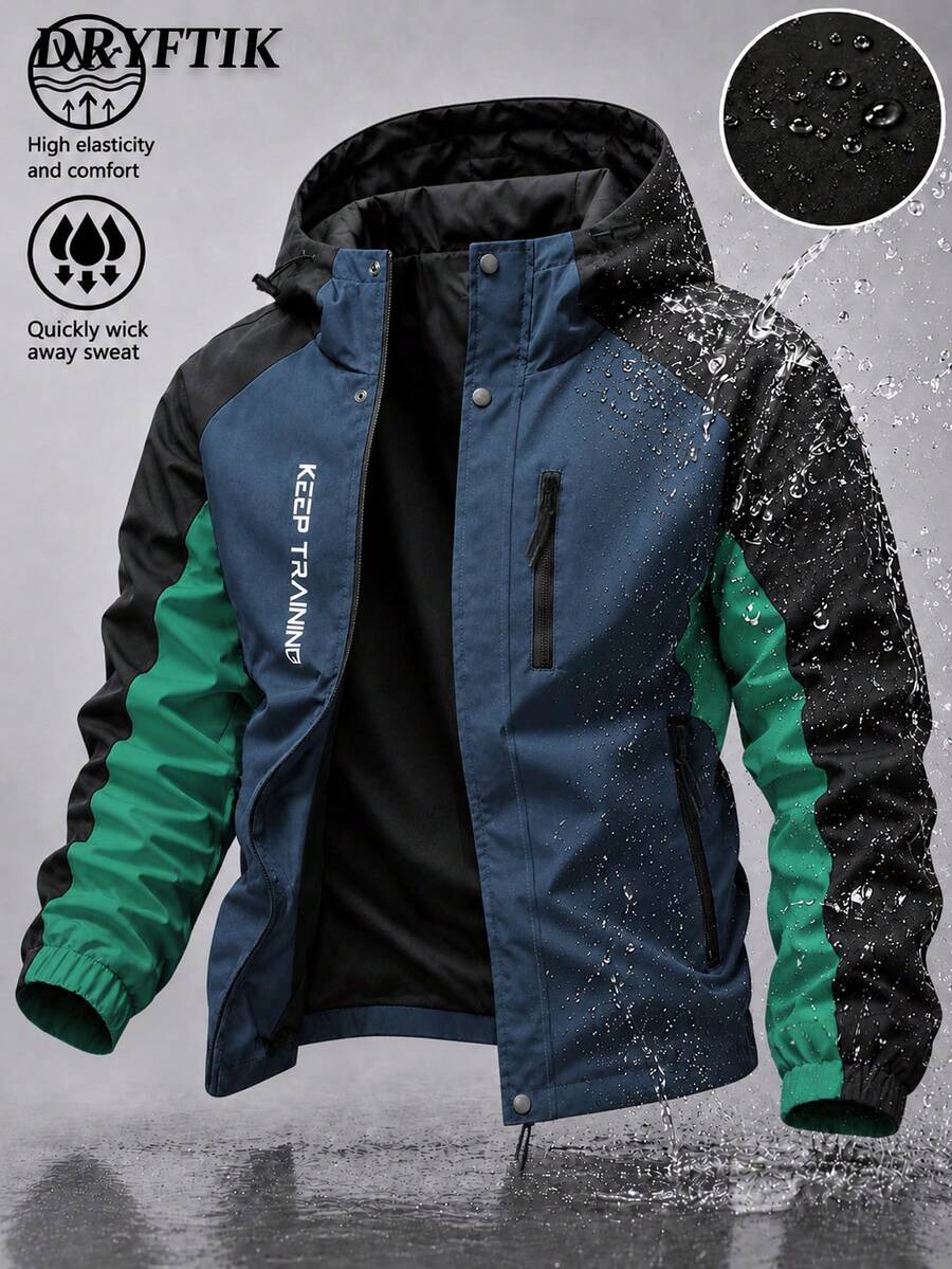 Men's Patchwork Hooded Zip-Up Jacket With Vertical Letter Print On Body, Vertical Zip Pocket On Chest, Jacket For Short Trips - Blue - View 1