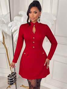Elegant Red Knitted A-Line Dress For Women With Long Sleeves, Stand Collar, And Gold Button Details, Perfect For New Year's Or Evening Events. - Red - View 7