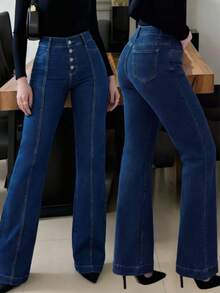 Women's High Waist High Stretch Flared Jeans, Front Button Design, Suitable For Daily Wear, Casual Outings And Commuting, All Season - Blue - View 1