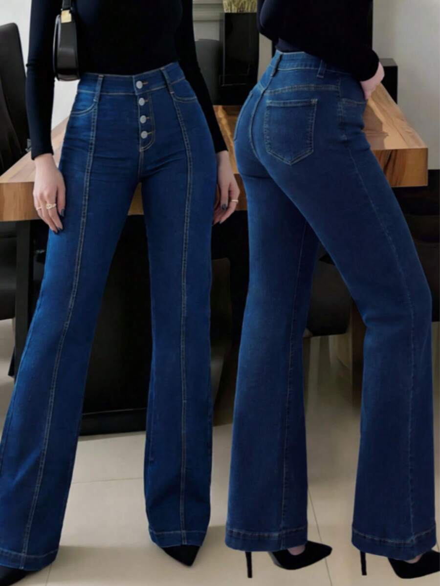 Women's High Waist High Stretch Flared Jeans, Front Button Design, Suitable For Daily Wear, Casual Outings And Commuting, All Season - Blue - View 1