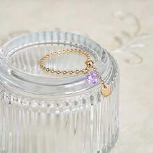 falinne S925Silver Adjustable Chain Ring, Lavender Purple Zirconia Drop Charm Stackable Finger Ring, 14K Gold Plated Dainty Thin Chain Ring For Women Daily Wear - Yellow Gold - View 2