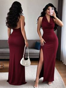 Women Long Dresses - Wine Red - View 3