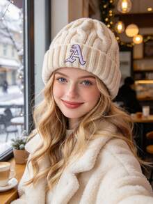 1 Pc A-Z Letter Women's Soft Plush Knit Loose Beanie, Warm Thick Ribbed Winter Cuffed Hat - Off-white - View 2