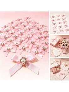Elegant Pink Satin Small Bows With Pearl Rhinestone Embellishment, 4cm Handmade Bow Appliques For Birthday Cake Topper, Gift Box, Baby Shower, Crafts Sewing Decoration, Pack Of 28 - Multiple Styles - View 1