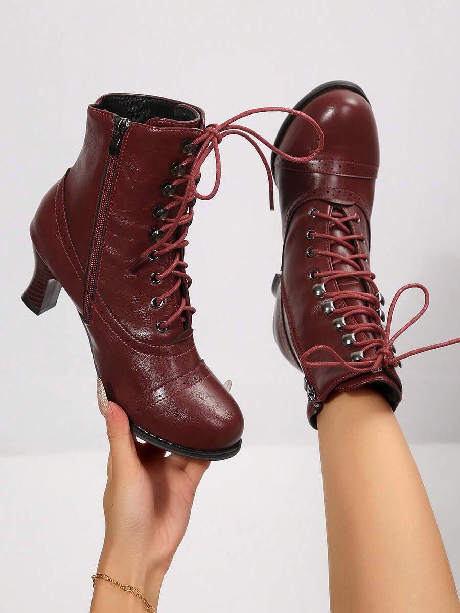 Sepatu Bot Fashion Wanita, Sepatu Bot Motor Bertali dengan Hak Tebal Berhiaskan Stud, Bernapas, dan Resleting Samping