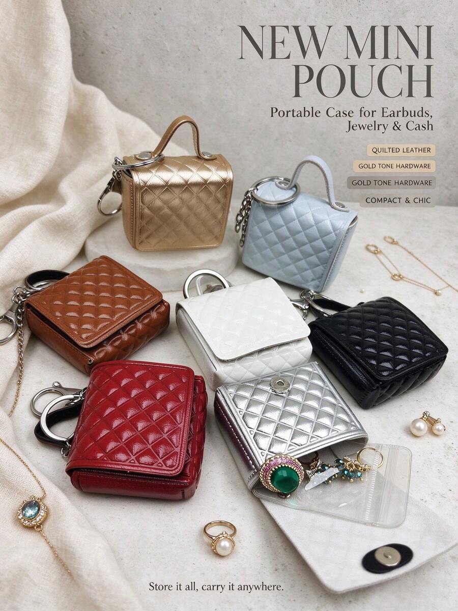 1pc Faux Leather Quilted Embossed Mini Jewelry Storage Bag, Portable Earphone Case, Mini Travel Ring Box, Travel Jewelry Box, Cosmetic Storage Box, Women's Earring/Ring/Necklace/Bracelet Organizer, Mini Wallet, Birthday Gift - Diamond Quilted Solid Color Small Bag - View 1