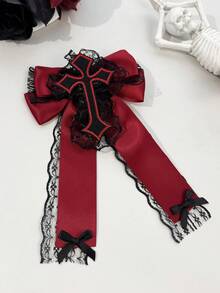 1pc Gothic Embroidered Cross Lace Bow Ribbon Hair Clip, Vintage Lolita Long Ribbon Back Of Head Alligator Hair Clip Accessory - Multicolor - View 5