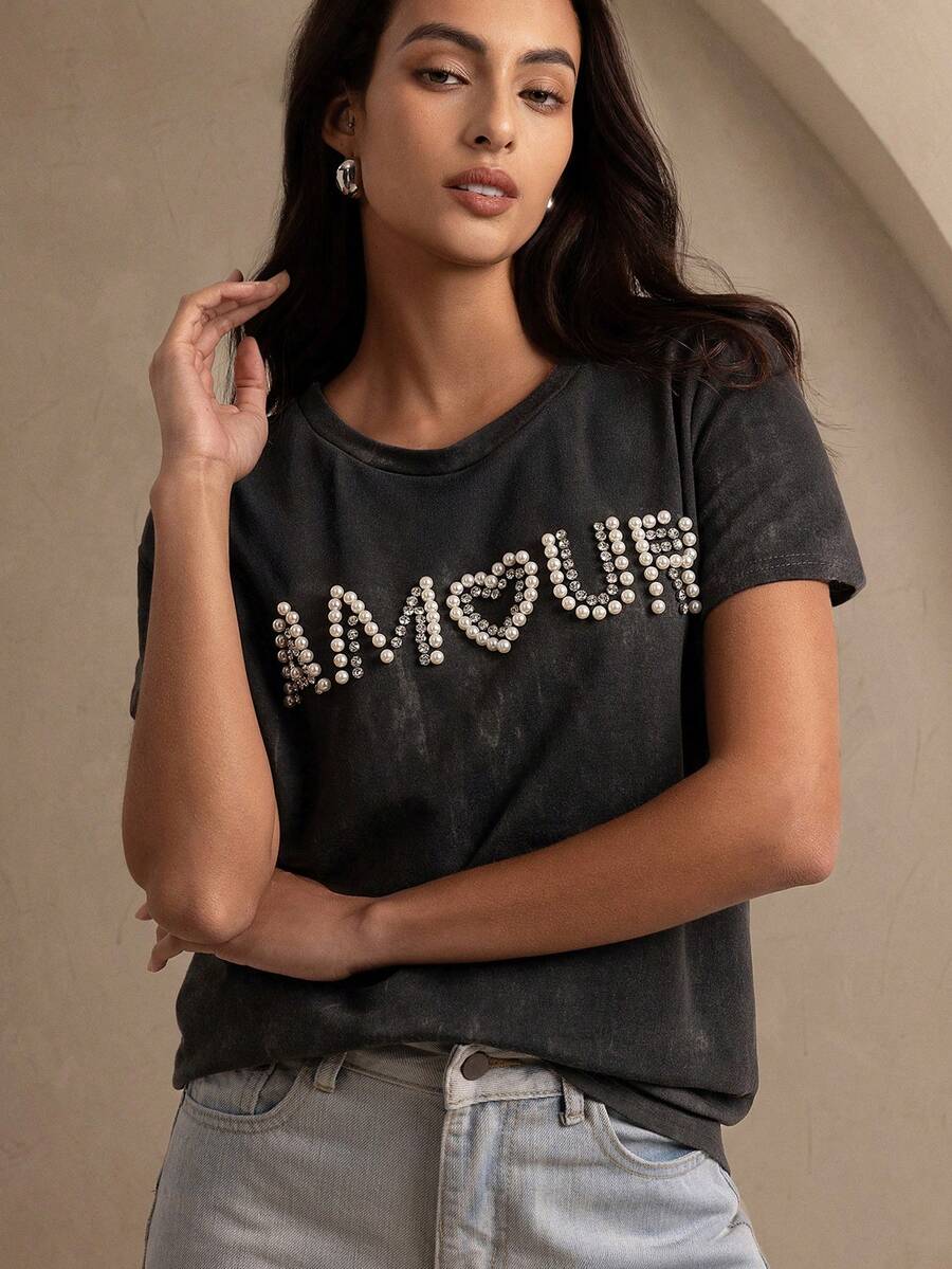 Women's Casual Slim-Fit Crystal T-Shirt With Faded Letter Tie-Dye Pattern For Spring And Summer, Suitable For Daily Wear - Black - View 1