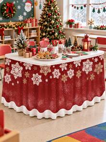 1 buah Rok Meja Natal, Motif Kepingan Salju Merah Putih, Penutup Meja Bundar Berumbai dari Poliester, Rok Meja Dekoratif Meriah untuk Meja Makan, Meja Hidangan Penutup, Prasmanan, Pesta Natal, Makan Malam Liburan, Dekorasi Rumah Musim Dingin - C - View 6