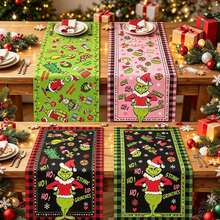 The Grinch قطعة واحدة من مفرش الطاولة من الكتان بطبعة وحش أخضر، (71*13 بوصة) يناسب طاولة الطعام المستطيلة، مناسب لعشاء عيد الميلاد المنزلي، حفلة العطلات، ديكور التجمعات ذات الطابع الخاص، يعزز أجواء طاولة الطعام، قابل لإعادة الاستخدام والغسيل، ديكور طاولة عيد الميلاد - متعدد الألوان - مشاهدة 2