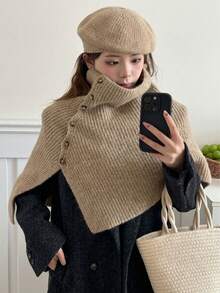 Stylish High-Neck Knitted Wrap Shawl Featuring An Asymmetrical Cut And Side Button Detailing; Warm, Comfortable, And Versatile For Stylish Layering Across All Seasons. - Multicolor - View 15