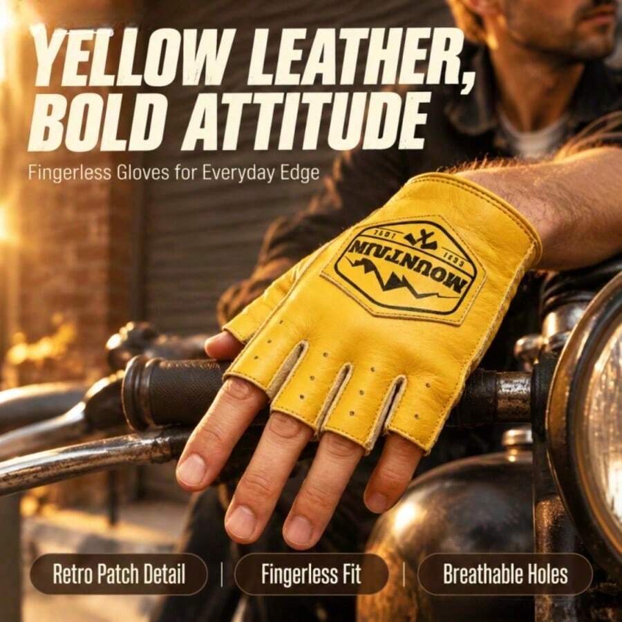 Vintage Personalized Half-Finger Gloves Unisex Breathable Perforated Design Motorcycle Riding Protective Gloves Outdoor Sports Motorcycle Anti-Slip Wear-Resistant Fingerless Gloves